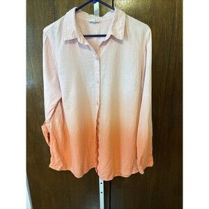 J Jill Pink/Orange Ombre Linen Blend Long Sleeve Button Down Shirt Sz Large Beac